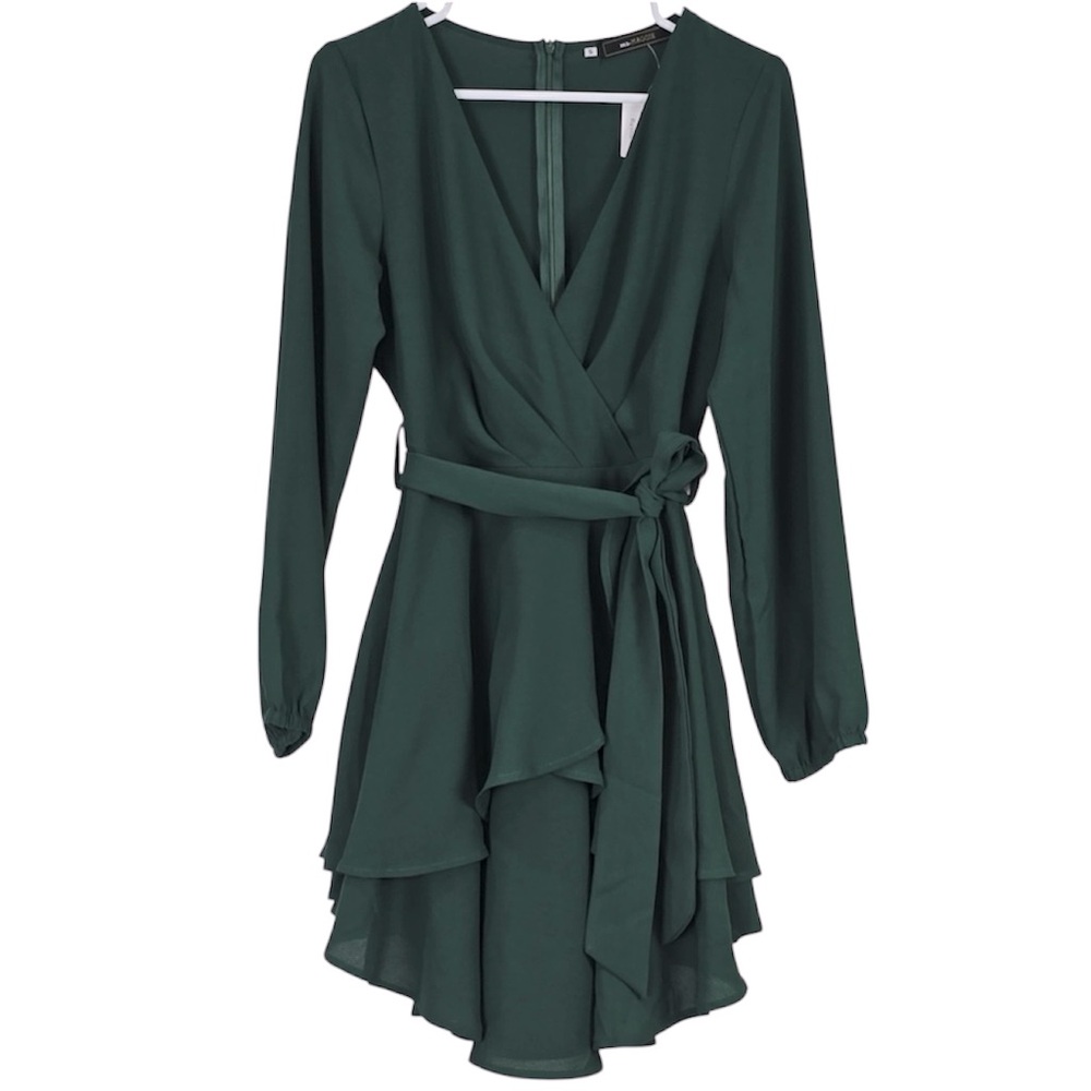 Ms. Maggie Dress Women's Small Green V-Neck Asymmetrical Ruffle with Tie Waist